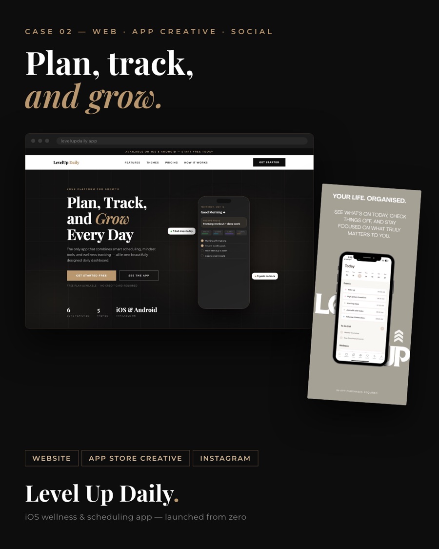 Level Up Daily — website, App Store creative and Instagram